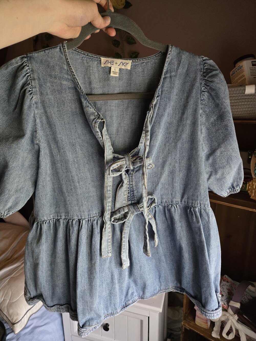 She + Sky Light Blue Denim Tie-Front Peplum Tunic - Picture 2 of 4